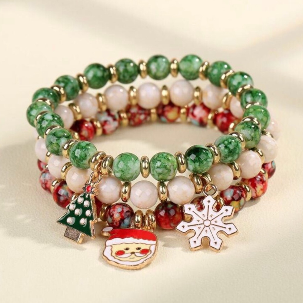 Christmas stackable Bracelets Set Santa Tree Snowflake Charms Beaded Elastic New